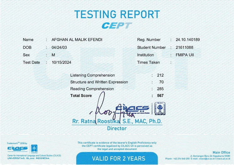 Certificate for Certificate of English Proficiency Test